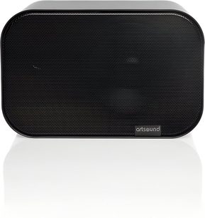 Altavoz hi-fi compacto ArtSound UNI30 negro, vista frontal con panel metálico redondeado sobre fondo blanco