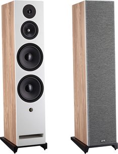 Vloerstaande luidspreker Davis Acoustics Krypton 10, vooraanzicht en driekwartaanzicht, lichte houtafwerking, witte voorkant, afneembaar grijs rooster
