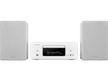Biała miniwieża Hi-Fi Denon CEOL RCD-N12DAB z dwoma dopasowanymi głośnikami, widok z przodu