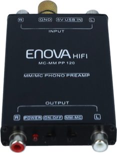 Enova HIFI MC-MM PP 120 phono forforstærker, sort rektangulært kabinet, RCA-stik, afbryder, USB-indgang, hvid tekst