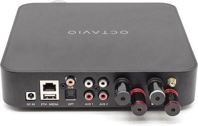 Octavio AMP 32V sort hi-fi stereforstærker, set forfra, med audio-stik og jackstik på bagsiden, rektangulært kabinet