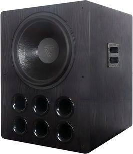 Černý subwoofer Tonewinner SW-D9000 s velkým čelním reproduktorem a šesti kulatými bassreflexovými otvory na přední straně