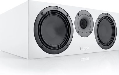 Κεντρικό ηχείο hi-fi Canton GLE 50 Center S2 λευκό, πρόσοψη με τρία μαύρα ηχεία, λήψη υπό γωνία τριών τετάρτων