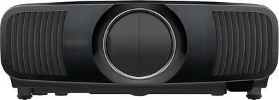 Epson EH-LS12000B zwarte videoprojecteur, vooraanzicht, ronde centrale lens, zijdelingse ventilatieopeningen, afgeronde rechthoekige vorm