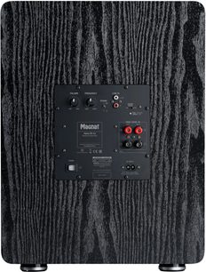 Caisson Alpha RS 12 v černé barvě, zadní pohled, obdélníkový ovládací panel s tlačítky, konektory a popisy, kruhové nožičky