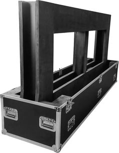 Flightcase Power Acoustics Flight für zwei Bildschirme 90/100, schwarz, geöffnet, mit Innenabtrennungen und versenkten Griffen