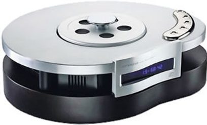 Consonance Droplet CDP 3.1 CD-afspiller set ovenfra i sort, cirkulær bakke, blåt LCD-display, kontrolknapper