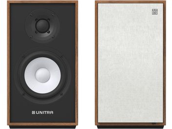 Pár knihovních reproduktorů Unitra ZGB-401, ořechový rám, černý přední panel, bílý woofer a tweeter vlevo, lněná mřížka vpravo, pohled zepředu