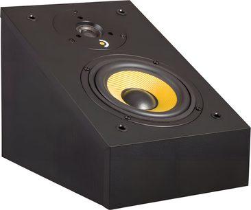 Dolby Atmos-højttaler Davis Acoustics Ariane A i sort, mat sort trækasse, skråtstillet frontpanel, gul woofer, tweeter, 3/4-visning