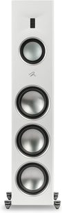 Motion XT F200 zuil luidspreker in mat wit met 4 zilverkleurige ronde luidsprekers en een rechthoekige zwarte tweeter aan de voorkant