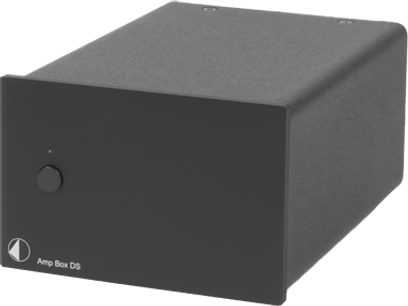 Pro-Ject Amp Box DS sort forstærker, kompakt rektangulært mat kabinet, drejeknap og blå LED på forsiden