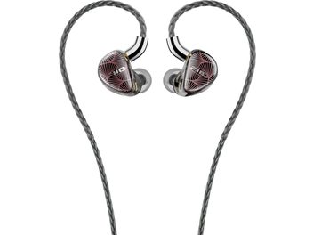 Front view of the FiiO FX15 translucent gray resin in-ear headphones with shiny rose geometric-patterned faceplates, silver metal nozzles, and braided gray audio cable