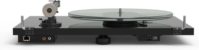 Gramofon hi-fi Pro-Ject T2 W czarny lakierowany, widok z tyłu, talerz z przezroczystego szkła, ramię odczytujące, złącza RCA, Ethernet, zasilanie
