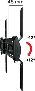 Supporto TV da parete nero, vista laterale, inclinazione +12° e -12°, profondità indicata 48 mm