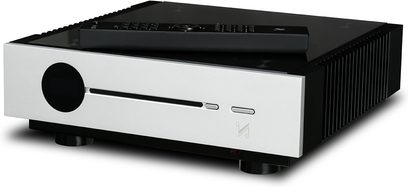 Quad Artera Play sølvfarvet CD-afspiller, set forfra, rektangulært sort og sølvfarvet kabinet, sølvfarvet front med display og knap