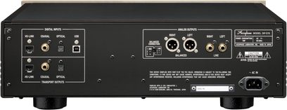 Cititor CD de înaltă fidelitate Accuphase DP-570, vedere din spate, conectori digitali și analogici, alimentare electrică, carcasă dreptunghiulară neagră