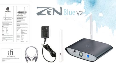 Transmiter Bluetooth iFi Audio Zen Blue V2 černý, pohled zepředu a shora, s návodem, kabelem a vysunutou anténou