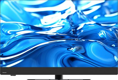 Panasonic TV-42Z90BE6 high-definition television, black plastic with a slim bezel, wide flat screen displaying an abstract blue pattern, front speaker bar covered with fabric, and central metal stand, front view
