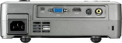 Vidéoprojecteur Optoma EX330, vue arrière, connectique VGA, HDMI, USB, audio, alimentation, interrupteur, grille de ventilation