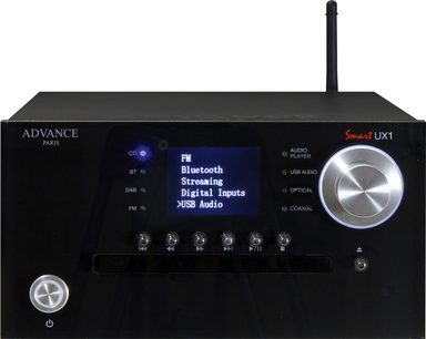 Advance Paris UX1 sort netværksaudioafspiller, sort front, blå LCD-skærm, sølvfarvede knapper, hovedtelefonstik