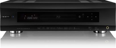 OPPO BDP-105EU 4K Blu-ray-afspiller, sort, børstet aluminiumsfront, LED-display, diskskuffe, berøringsknapper, USB-port, hovedtelefonstik