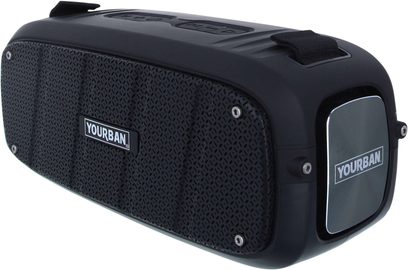 Bluetooth-højttaler Yourban Getone 60 sort, set fra trekvart vinkel, tekstureret frontgitter, centreret logo, knapper på toppen