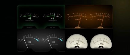 Montage of four styles of analog stereo VU meters displaying sound levels in decibels