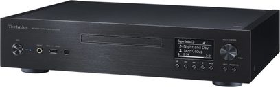 Player CD Technics SL-G700M2 negru, faţadă metalică periată, vedere din trei sferturi, fantă de inserare, ecran, butoane și prize