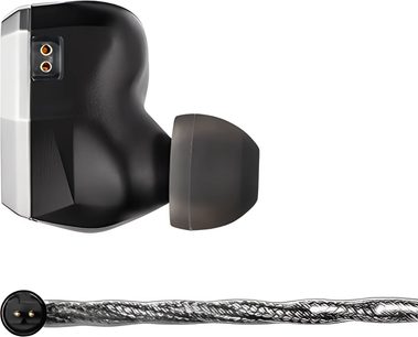 Špuntové sluchátko Astell&Kern STELLA černé a stříbrné, pohled z profilu se šedým nástavcem a 2pinovým konektorem