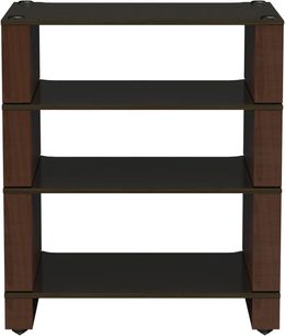 Hi-Fi Meubel Monitor Audio Blok Stax 2G, vooraanzicht, 4 zwarte planken, bruine houten zijkanten, taps toelopende poten