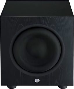 Linn Majik 126 sort subwoofer, set forfra, kubisk form, cirkulær centralhøjttaler, cylindrisk sølvfarvet fod