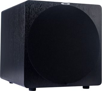 Velodyne Deep Blue 15 sort subwoofer, kubisk form, sort rund højttaler på forsiden, mørk træfinish