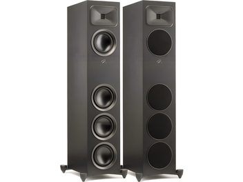 Δύο μαύρα ηχεία-κολώνες MartinLogan Foundation F1, 4 μεγάφωνα, πλαϊνές ρυθμίσεις, μπροστινή όψη
