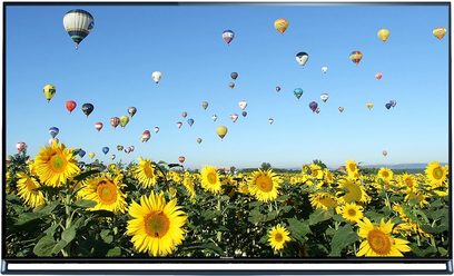 Panasonic TX-47AS800E-fladskærm, der viser et felt med gule solsikker under en blå himmel med mange farvede balloner