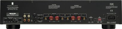 Parasound 2125 sort forstærker, frontpanel, frontvisning, stik og kontroller, 2 kanaler, 125W per kanal