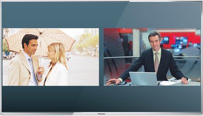 Panasonic TX-L47WT60E-fladskærm, der viser to billeder, et af et par under en paraply og et af en mand i jakkesæt foran et skrivebord