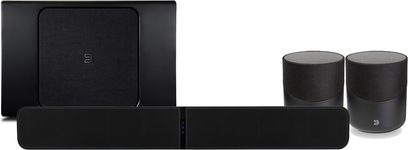 BlueSound Pulse black soundbar, 2 black cylindrical speakers, front view on white background