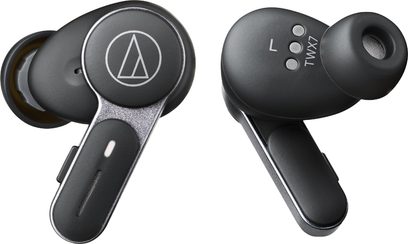 ATH-TWX7 in-ear hovedtelefoner sort, set forfra og bagfra, silikone ørepropper, cirkulært logo, 3 knapper, lysindikator