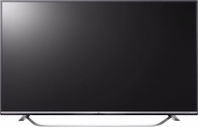 Fladskærms-TV fra LG, model 49UF778V, med rektangulært sort panel, set forfra, slukket