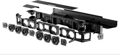 Sennheiser AMBEO Soundbar Max + SUB sort, eksploderet visning af de indvendige komponenter, 13 synlige højttalere