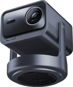 Videoproiector Hisense C2 Ultra, vedere de jos în sus, carcasă dreptunghiulară gri, lentilă circulară, suport cilindric