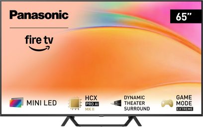 Panasonic TV-65W95BEG sort fjernsyn med høj opløsning i sort med tynd metal- og plastikramme, 65-tommers skærm set forfra placeret på to centrale, skråtstillede fødder, visning af Fire TV-, Mini LED- og andre funktioners logoer