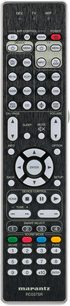 Sort Marantz RC037SR fjernbetjening, set forfra, med flerfarvet knapper og LCD-skærm øverst