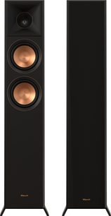 To sorte Klipsch RP-5000F II Ebony gulvhøjttalere med guld/kobberfarvet diskant og mellemtone på hvid baggrund