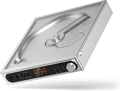 FiiO DM15 hi-fi-CD-spiller i sølv med gjennomsiktig lokk, oransje skjerm og frontmontert dreieknapp