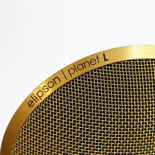Elipson Planet L Performance mat witte gouden boekenplankluidspreker met ronde gouden metalen grill en zwarte inscriptie