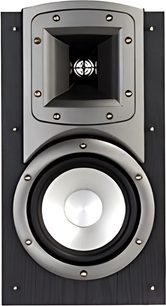 Front view of Klipsch Synergy B2 bookshelf speaker, black speaker, dome tweeter, Klipsch logo