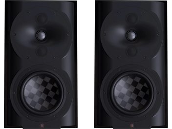 Ηχεία βιβλιοθήκης Perlisten S4b, εμπρόσθια όψη, μαύρο φινίρισμα, 2 κυκλικοί ηχεία, επάνω ακουστική γρίλια, κάτω μεμβράνη με μοτίβο πλέγματος.