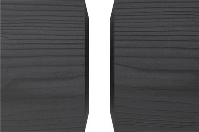 Caixa de som de estante Klipsch R-60M preta, vista lateral, superfície texturizada, linhas horizontais, dois painéis paralelos