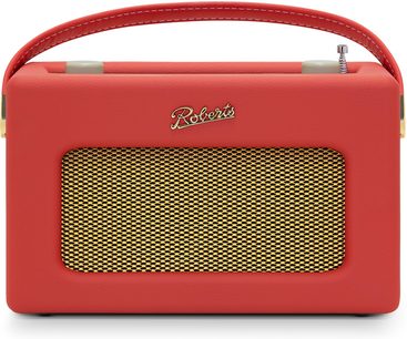 Roberts Revival iStream 3L rød bordradio i kunstlæder, set forfra, med tilpasset buet håndtag, to cremefarvede knapper på toppen, kromet teleskopantenne og bred gylden metalgitter.